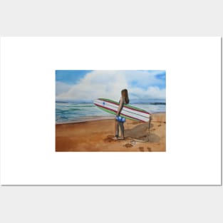 Girl with Surfboard at the Beach Posters and Art